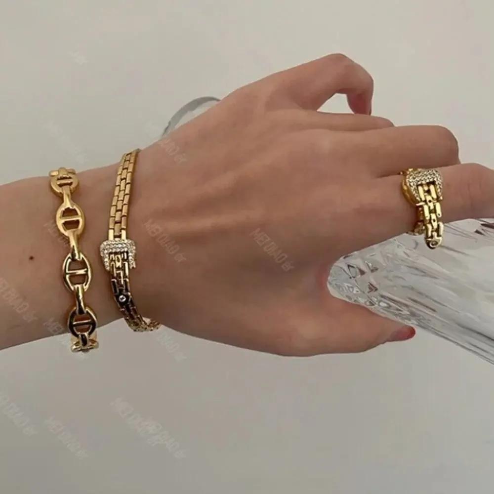 Gold Belt Buckle Bracelet Matching Ring Set, Zircon, Chain Link, Minimalist - Picture 1 of 13